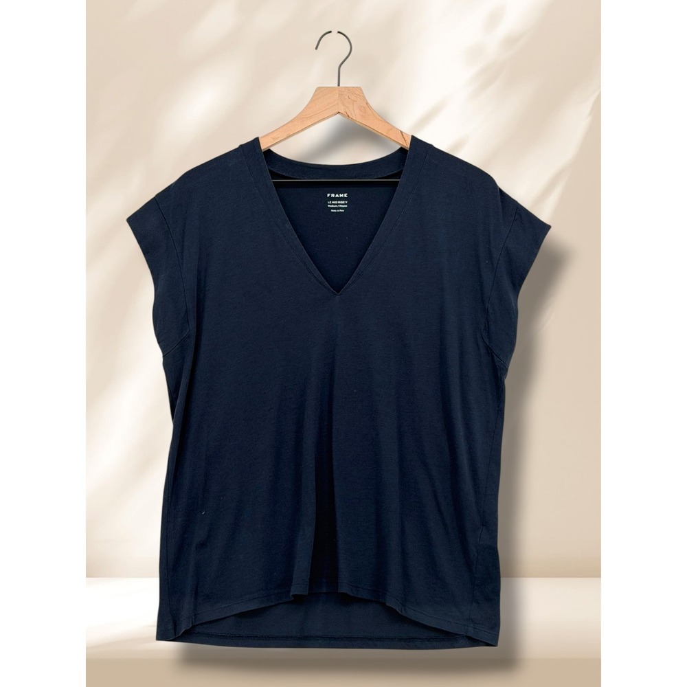 FRAME Le Mid Rise V Navy Blue Cap Sleeve V-Neck Tee Medium